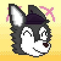 pixel art husky wearing a beret with a yellow backdrop